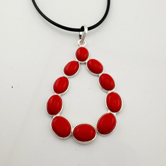 Flirty and Fun Red Coral Teardrop Necklace with Black Leather Cable Chain - Picture 5 of 8